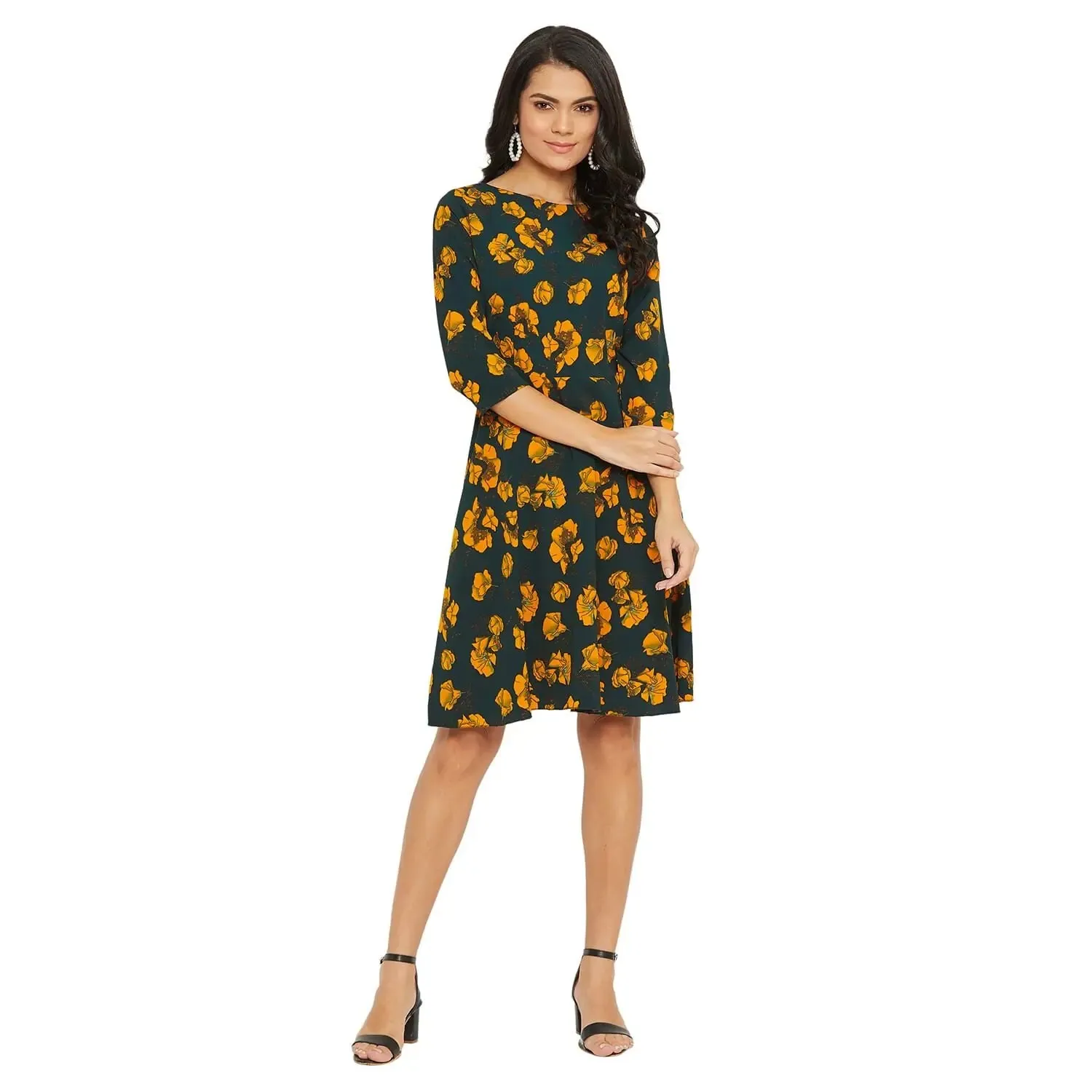Adults-Women Green Floral Printed A-line Dress