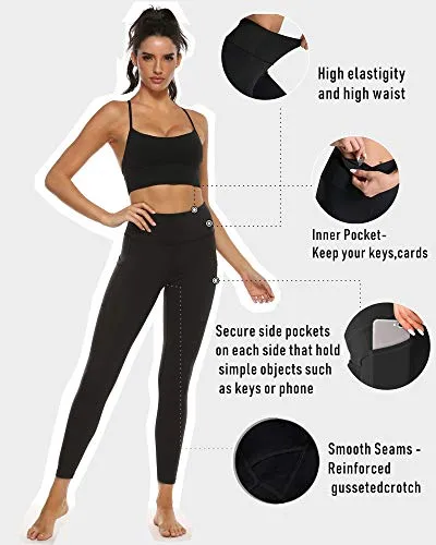 Alebear Women's Yoga Pants High Waisted Gym Workout Running Leggings with Pockets (Black, M)