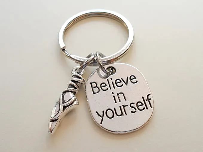 Ballet Keychain with Ballet Shoe Charm and Believe in Yourself Charm, Ballerina or Coach Keychain