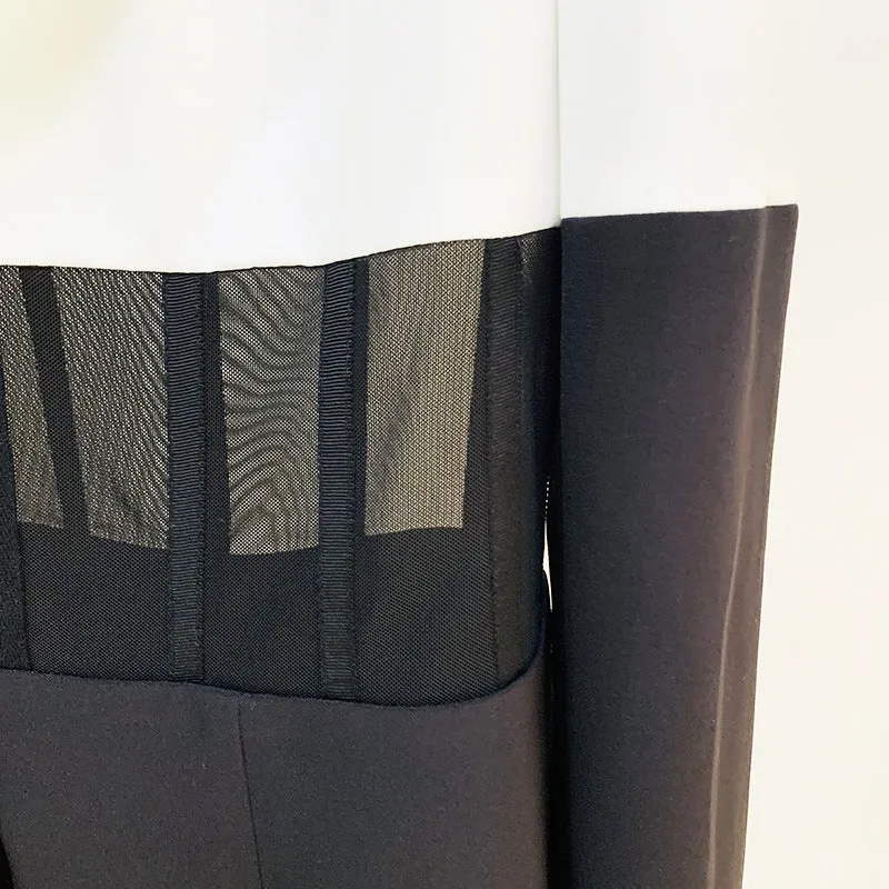 Black and White Women's Mesh Midsection Corset Lapel Suit