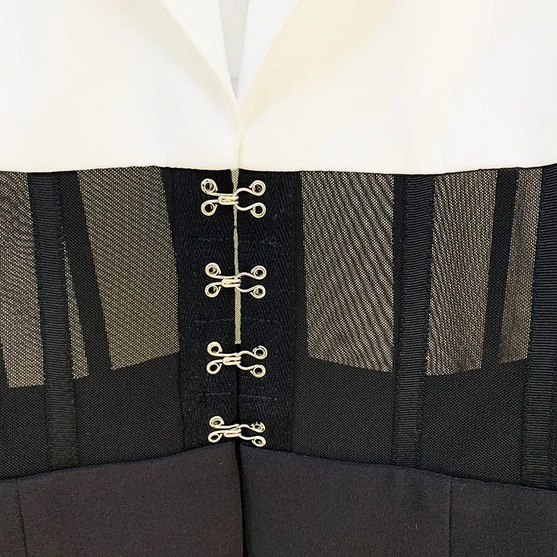 Black and White Women's Mesh Midsection Corset Lapel Suit