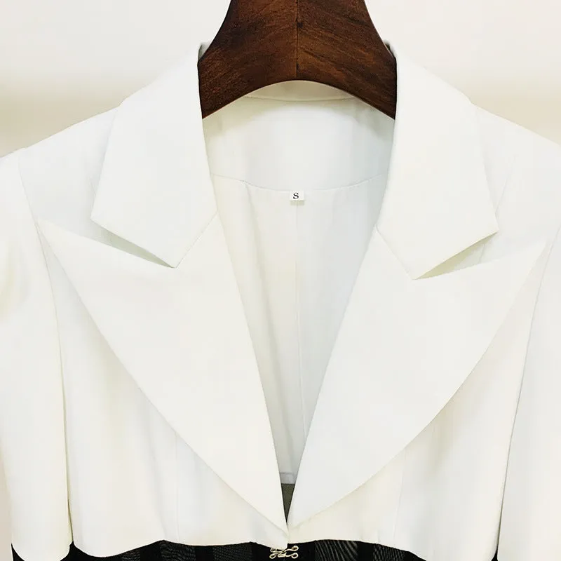 Black and White Women's Mesh Midsection Corset Lapel Suit