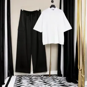 Black cargo with white oversized shirt