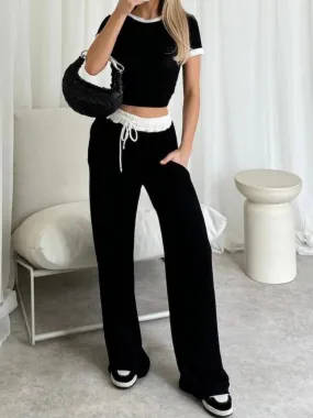 Black Contrast Trim Ribbed Crop Top & Wide Leg Trousers Loungewear Co-ord Set