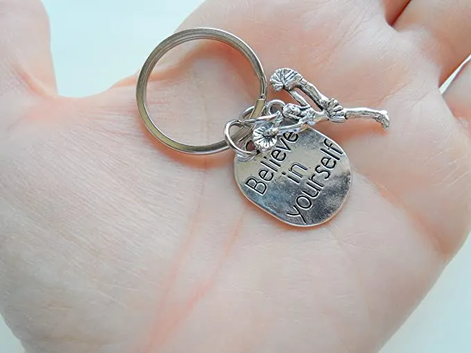 Cheerleading Keychain with Cheerleader Charm and Believe in Yourself Charm, Cheer Keychain
