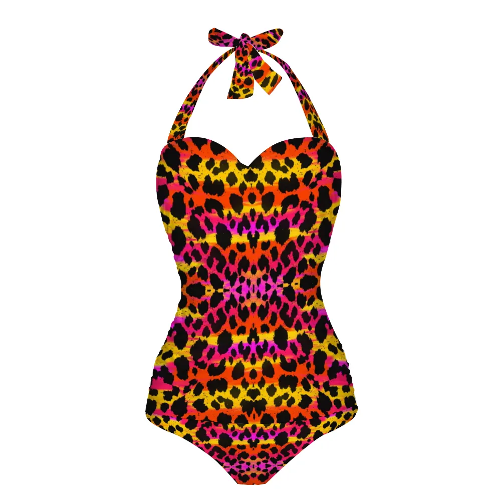 Colourful Leopard Halter Neck Swimsuit up to 2 XL (FWS)