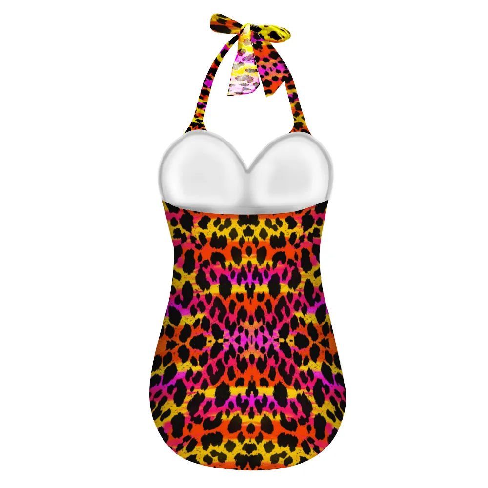 Colourful Leopard Halter Neck Swimsuit up to 2 XL (FWS)