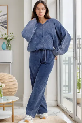 Denim Blue Acid Wash Oversized Bomber Zipper Loungewear Co-ord