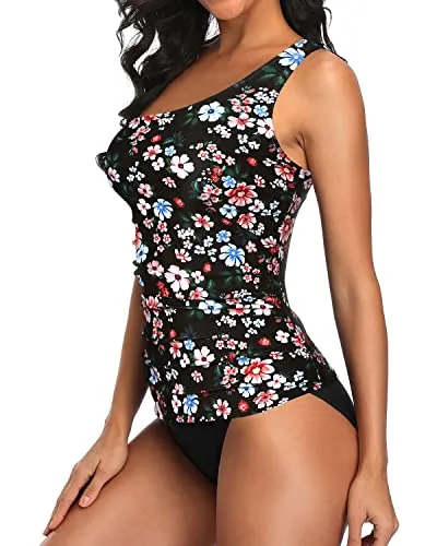 Fashionable One Shoulder Tankini Bikini Bottoms For Women-Black Flowers
