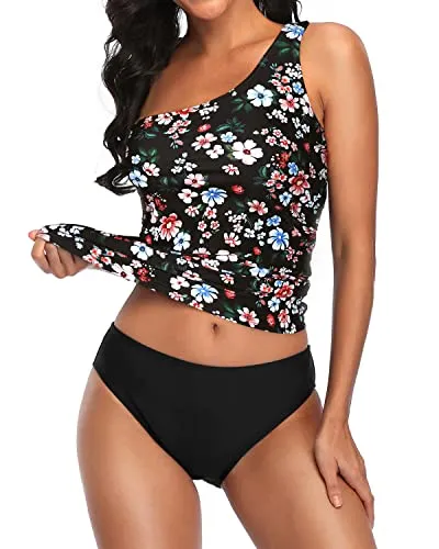 Fashionable One Shoulder Tankini Bikini Bottoms For Women-Black Flowers