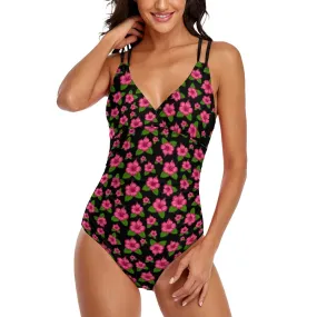 Graphic Pink Hibiscus Black Swimsuit with Black Straps