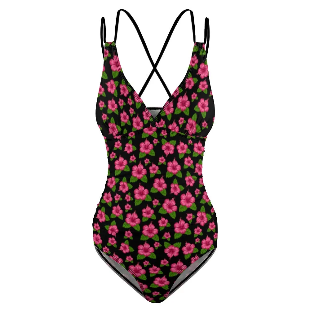 Graphic Pink Hibiscus Black Swimsuit with Black Straps