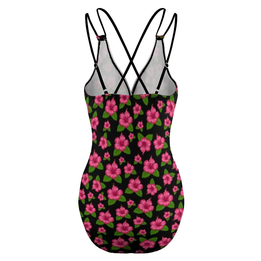 Graphic Pink Hibiscus Black Swimsuit with Black Straps