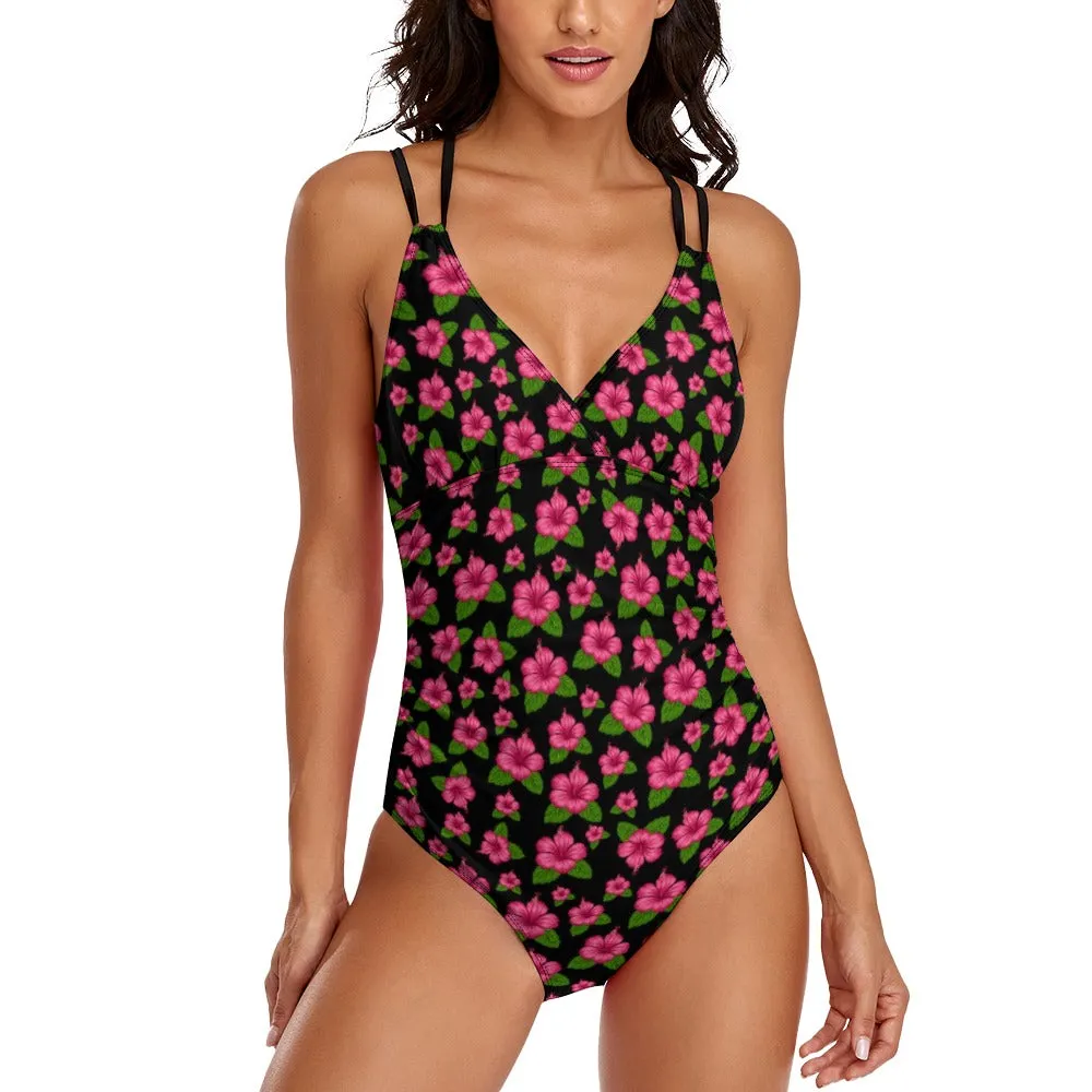 Graphic Pink Hibiscus Black Swimsuit with Black Straps