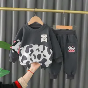 Grey Cow Printed Sweatshirt and Grey Trouser Kids Track Suit