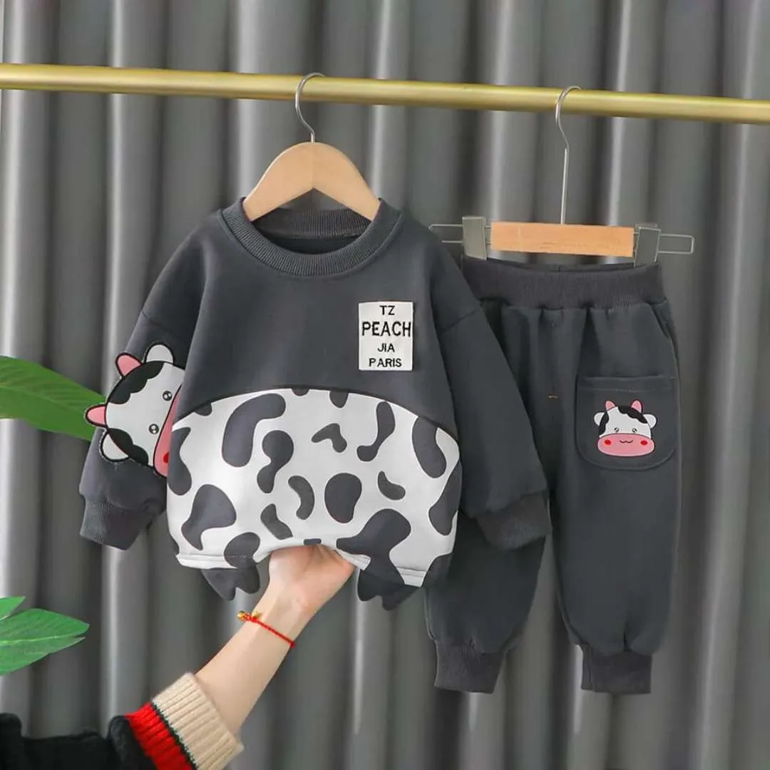 Grey Cow Printed Sweatshirt and Grey Trouser Kids Track Suit