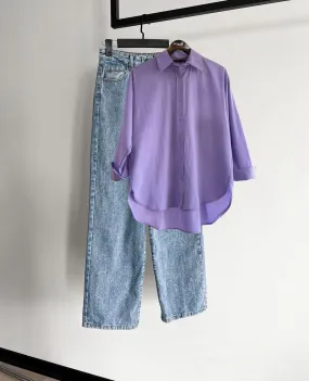 Lilacz button down with sky  jeans