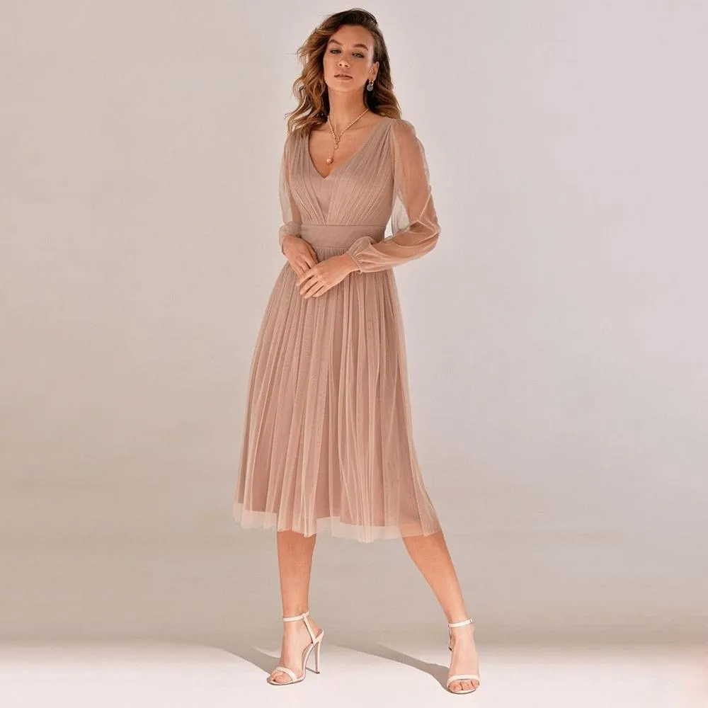 Long Sleeve V-Neck Mother of Bride Dress