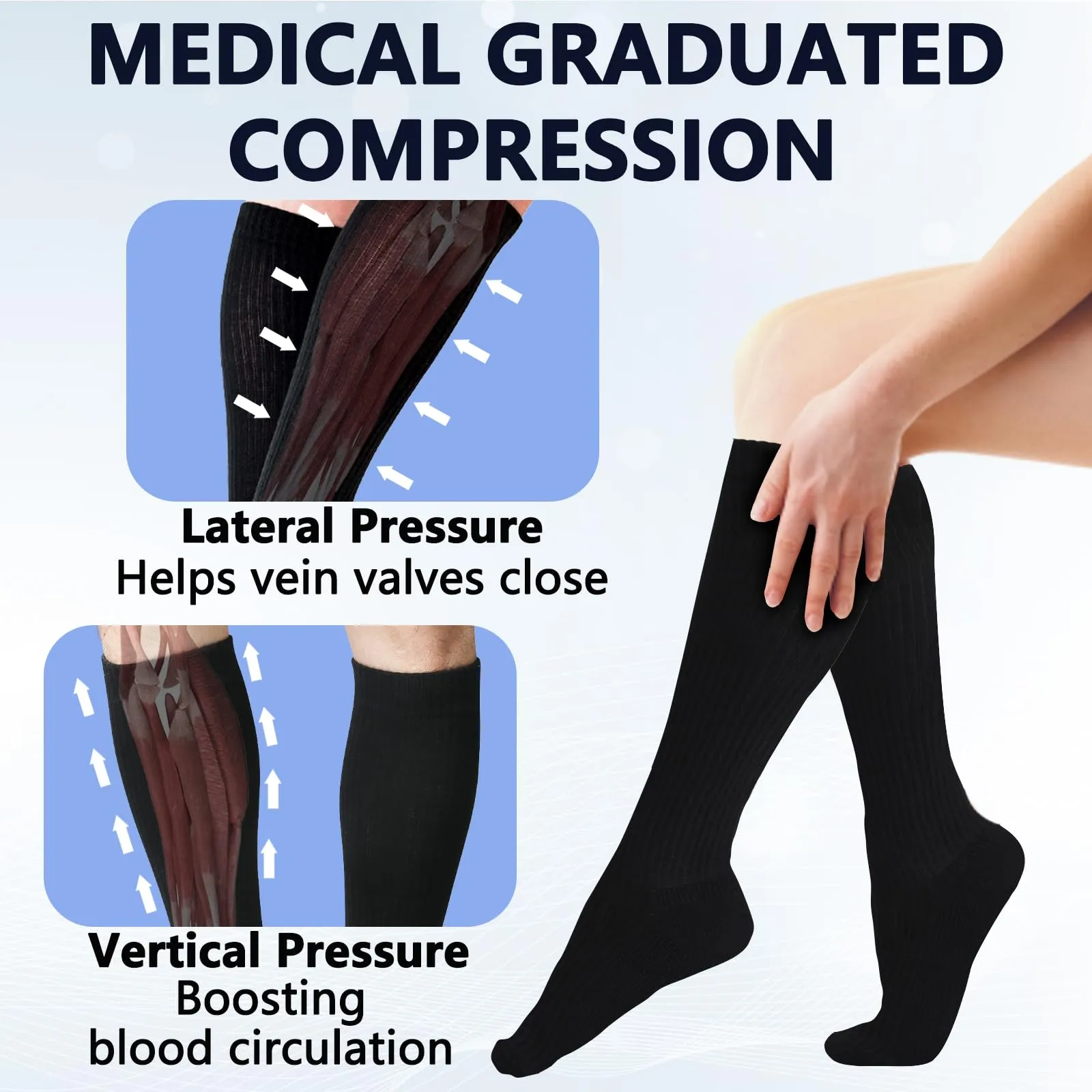  MD Cotton Compression Socks for Women and Men 4/6 Pairs 8-15/15-20 mmHg Knee High Socks for Sports Travel Nurse Edema 4 Pairs Black Cushion 15-20mmhg 10-13