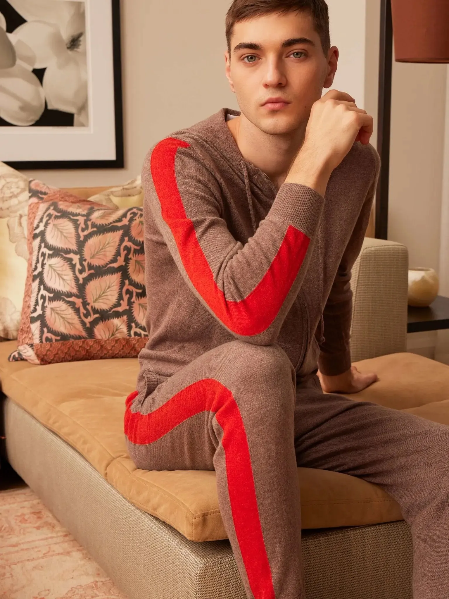 Men's Cashmere Sweatpant In Brown With Orange Stripe