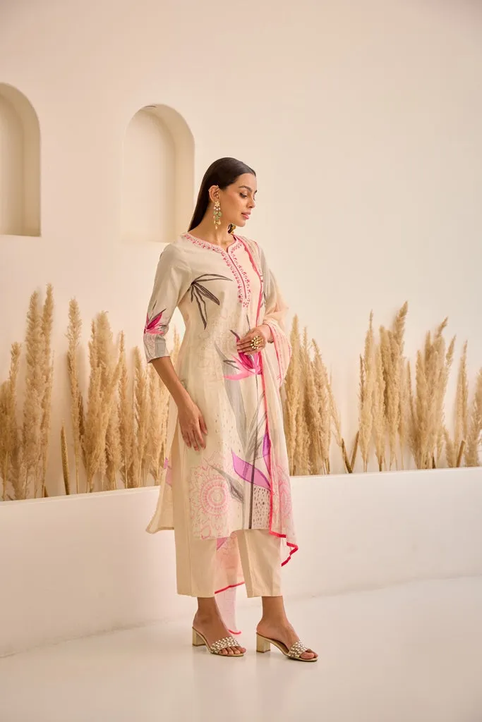 Neerus Pink Straight Floral Kurta And Trousers With Dupatta