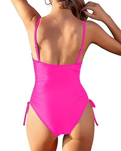 Padded Push Up Bra One Piece Swimsuit Tummy Control Bathing Suit-Neon Pink