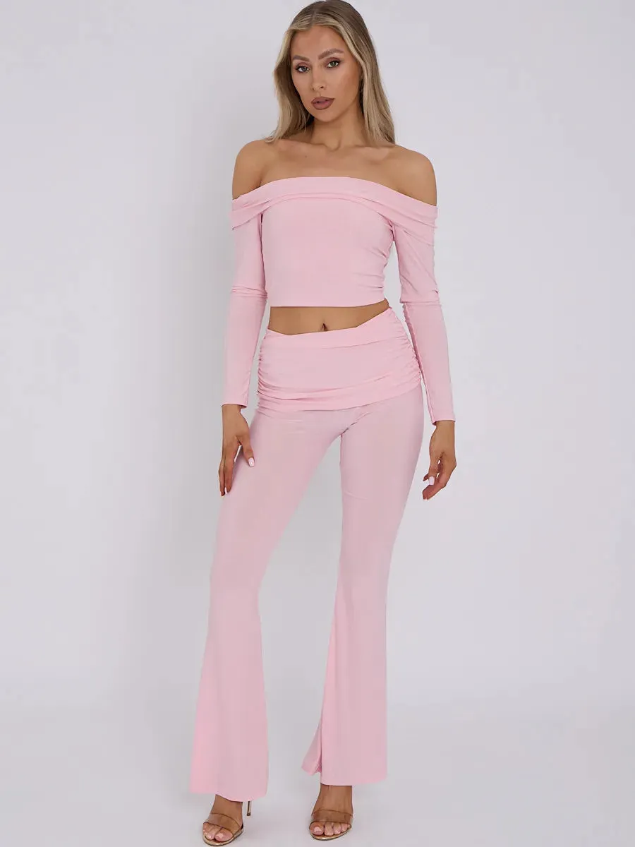 Pink Slinky Off Shoulder Crop Top & Fold Over Flares Trousers Co-ord Set
