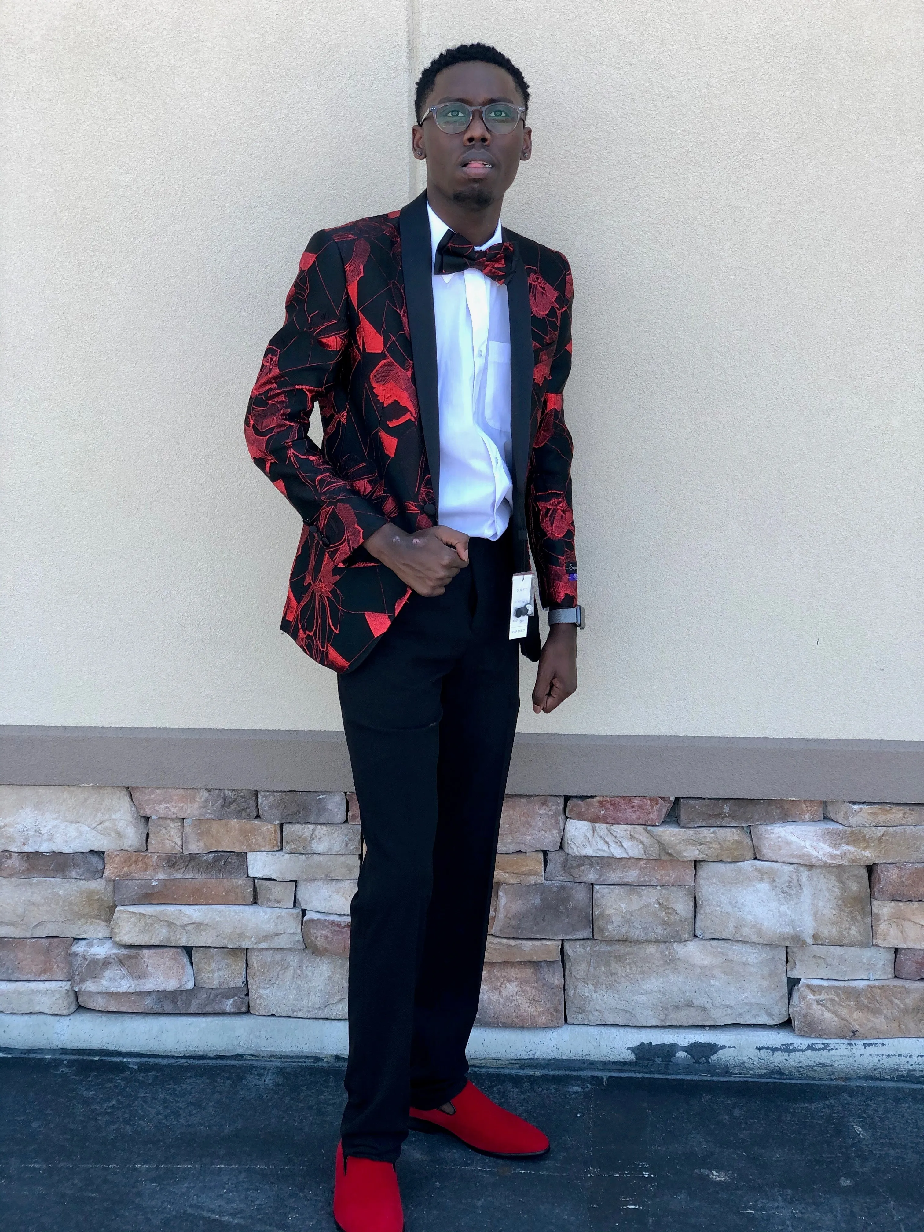 Red Slim Fit Fashion Suit with solid black pants Retro Paris