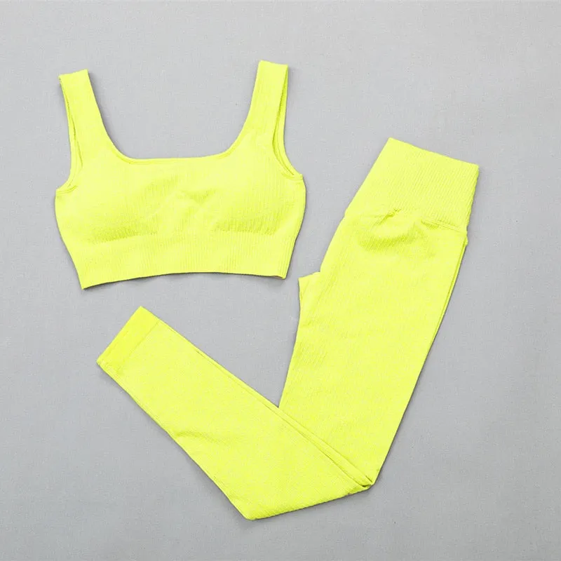 Ribbed Yoga Clothing Set Women High Waist Leggings And Top Bra Two Piece Set Seamless  Fitness Workout Outfits Gym Wear