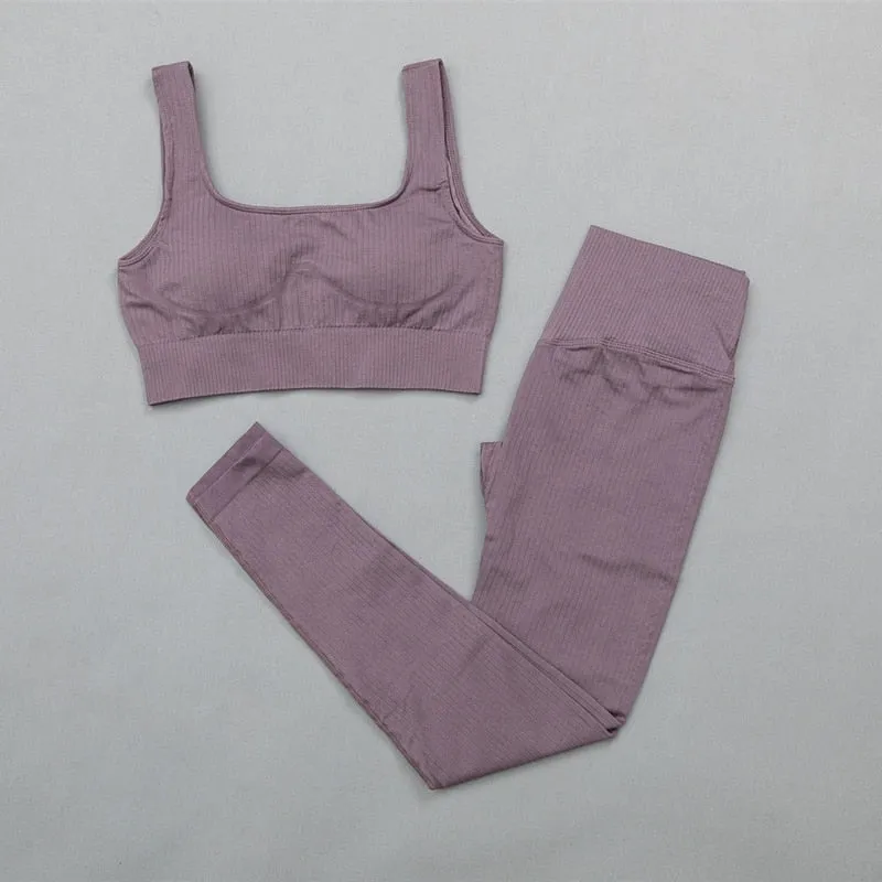 Ribbed Yoga Clothing Set Women High Waist Leggings And Top Bra Two Piece Set Seamless  Fitness Workout Outfits Gym Wear