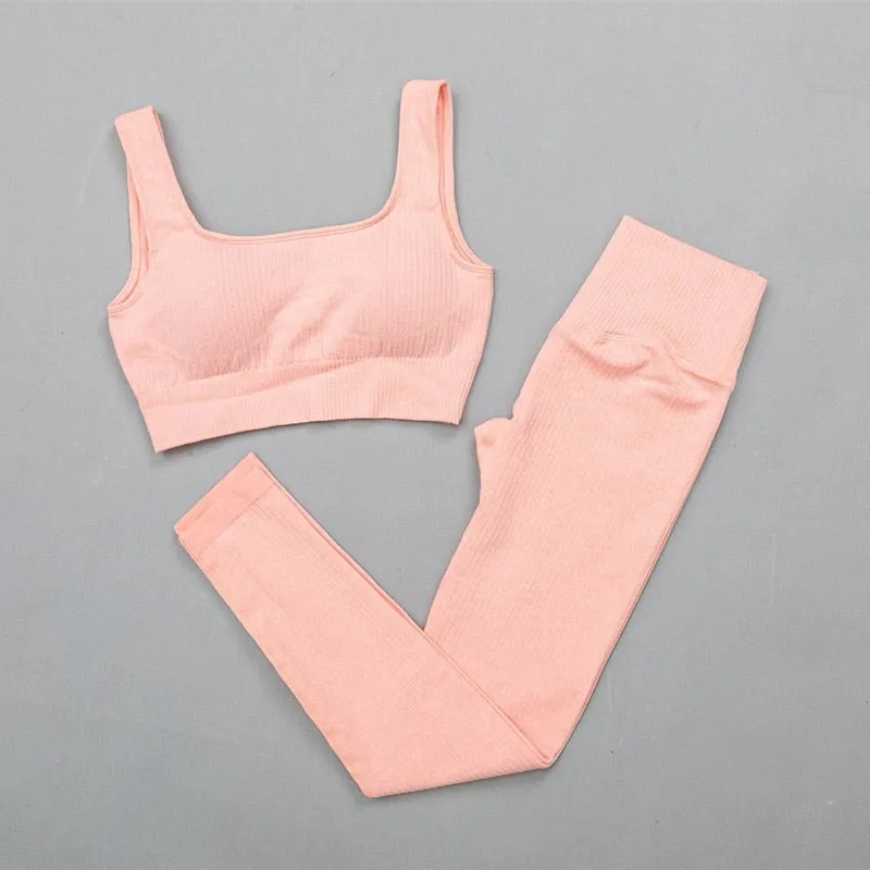 Ribbed Yoga Clothing Set Women High Waist Leggings And Top Bra Two Piece Set Seamless  Fitness Workout Outfits Gym Wear