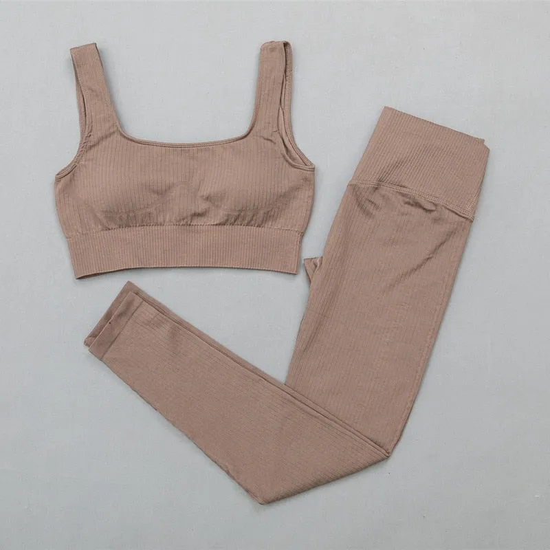 Ribbed Yoga Clothing Set Women High Waist Leggings And Top Bra Two Piece Set Seamless  Fitness Workout Outfits Gym Wear