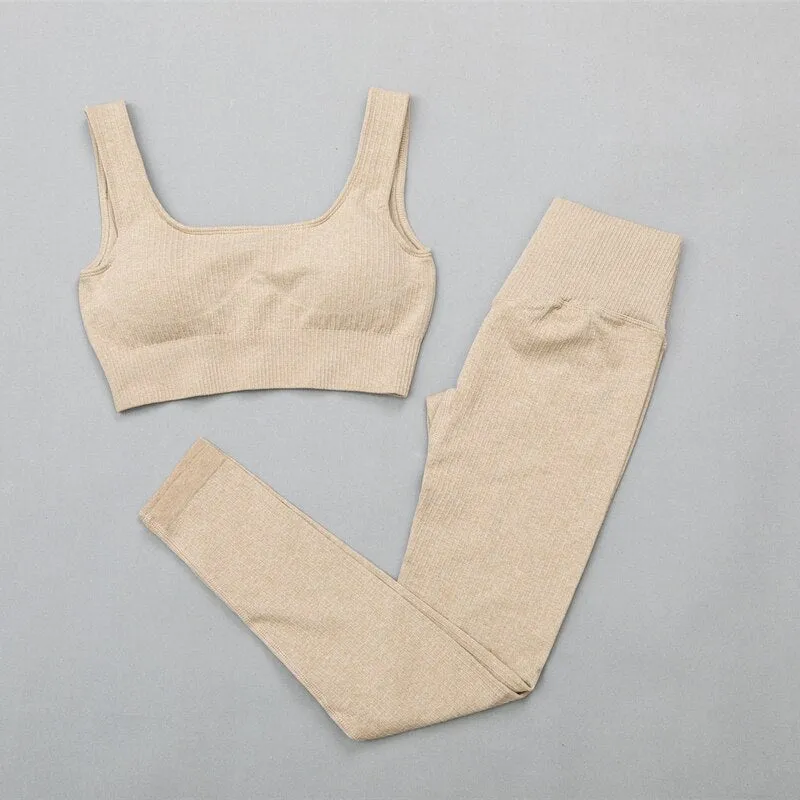 Ribbed Yoga Clothing Set Women High Waist Leggings And Top Bra Two Piece Set Seamless  Fitness Workout Outfits Gym Wear