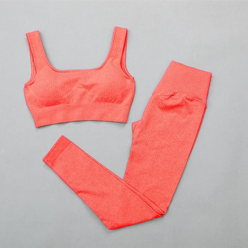 Ribbed Yoga Clothing Set Women High Waist Leggings And Top Bra Two Piece Set Seamless  Fitness Workout Outfits Gym Wear