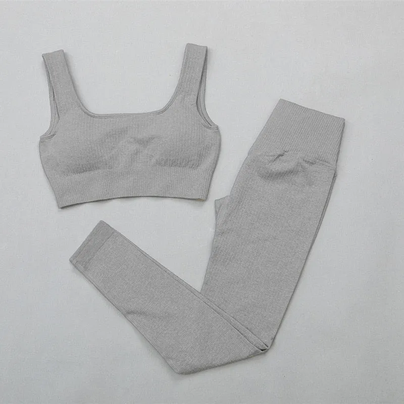 Ribbed Yoga Clothing Set Women High Waist Leggings And Top Bra Two Piece Set Seamless  Fitness Workout Outfits Gym Wear
