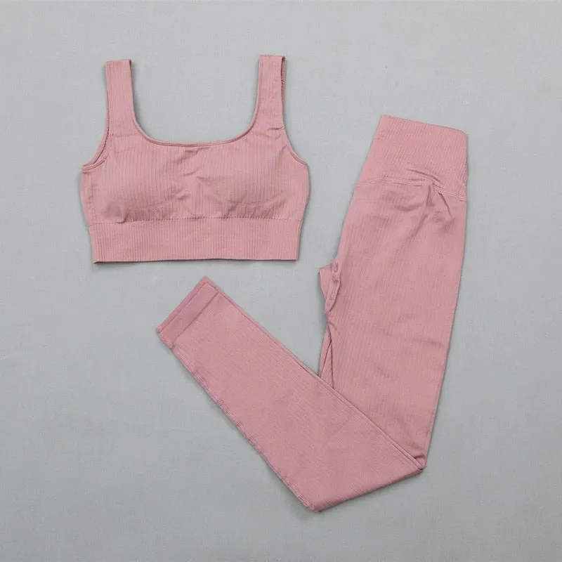 Ribbed Yoga Clothing Set Women High Waist Leggings And Top Bra Two Piece Set Seamless  Fitness Workout Outfits Gym Wear