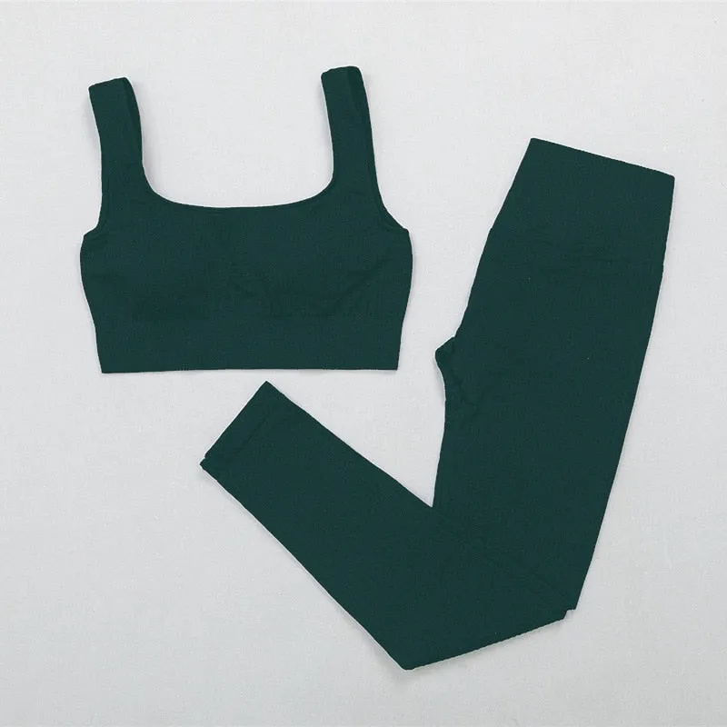 Ribbed Yoga Clothing Set Women High Waist Leggings And Top Bra Two Piece Set Seamless  Fitness Workout Outfits Gym Wear