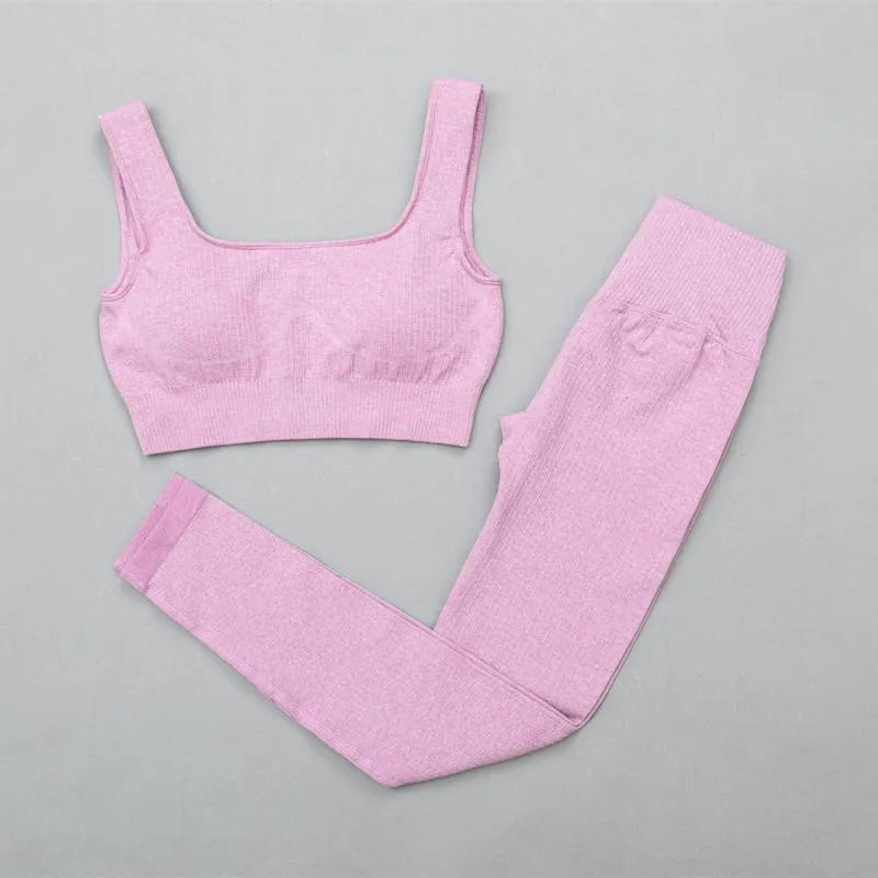 Ribbed Yoga Clothing Set Women High Waist Leggings And Top Bra Two Piece Set Seamless  Fitness Workout Outfits Gym Wear