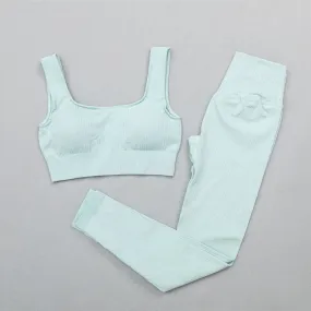 Ribbed Yoga Clothing Set Women High Waist Leggings And Top Bra Two Piece Set Seamless  Fitness Workout Outfits Gym Wear