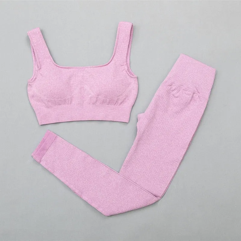 Ribbed Yoga Clothing Set Women High Waist Leggings And Top Bra Two Piece Set Seamless  Fitness Workout Outfits Gym Wear