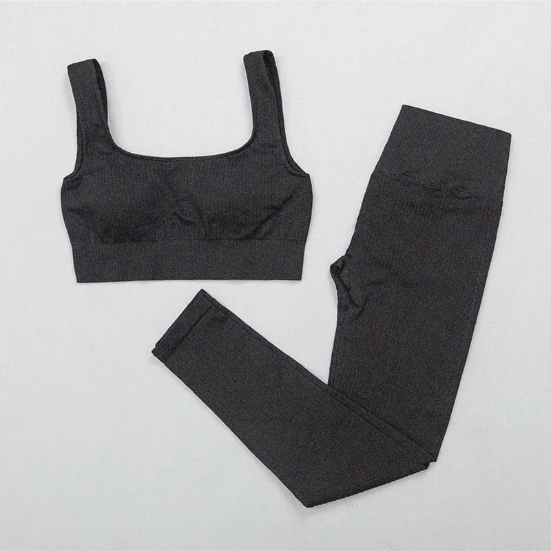 Ribbed Yoga Clothing Set Women High Waist Leggings And Top Bra Two Piece Set Seamless  Fitness Workout Outfits Gym Wear