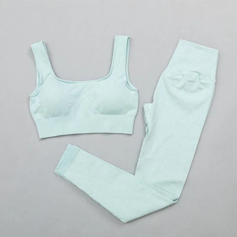 Ribbed Yoga Clothing Set Women High Waist Leggings And Top Bra Two Piece Set Seamless  Fitness Workout Outfits Gym Wear