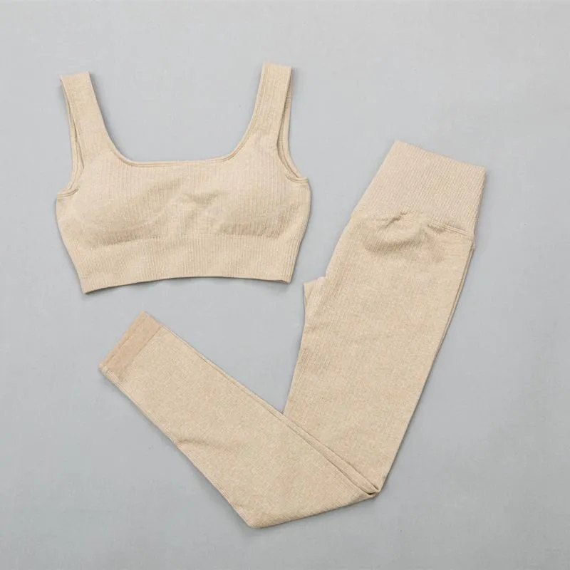 Ribbed Yoga Clothing Set Women High Waist Leggings And Top Bra Two Piece Set Seamless  Fitness Workout Outfits Gym Wear