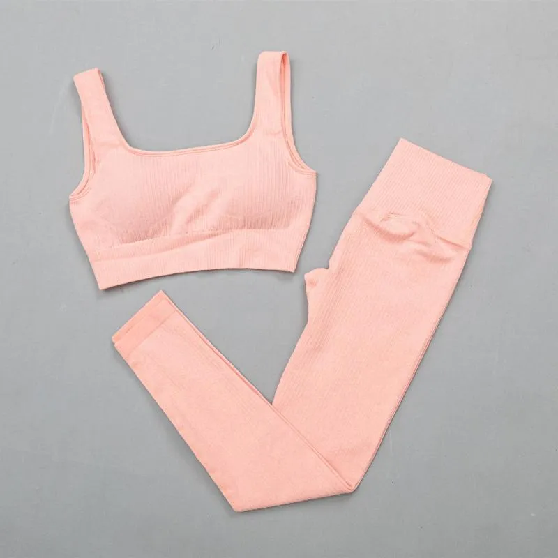 Ribbed Yoga Clothing Set Women High Waist Leggings And Top Bra Two Piece Set Seamless  Fitness Workout Outfits Gym Wear