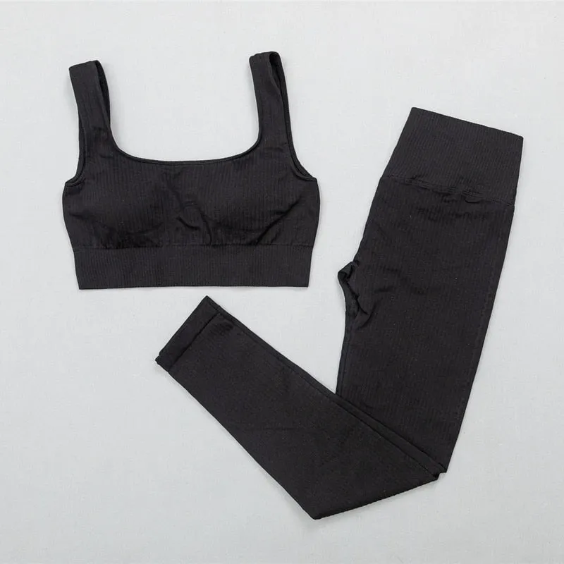 Ribbed Yoga Clothing Set Women High Waist Leggings And Top Bra Two Piece Set Seamless  Fitness Workout Outfits Gym Wear