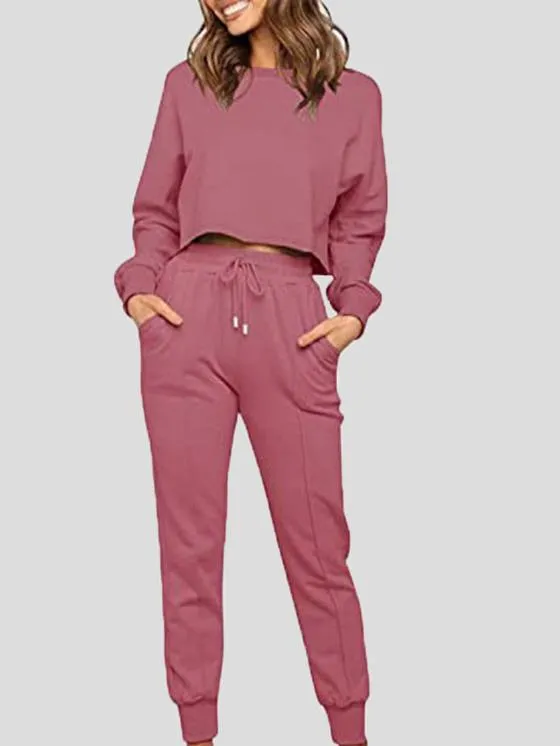 Sets Round Neck Drawstring Pocket Long Sleeve Trousers Sports Suit for Women