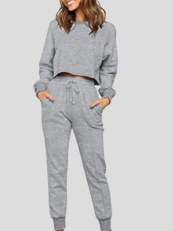 Sets Round Neck Drawstring Pocket Long Sleeve Trousers Sports Suit for Women