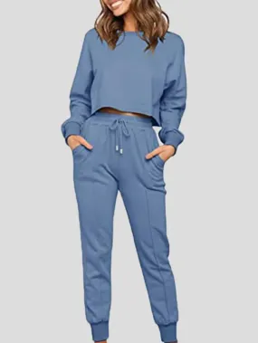 Sets Round Neck Drawstring Pocket Long Sleeve Trousers Sports Suit for Women