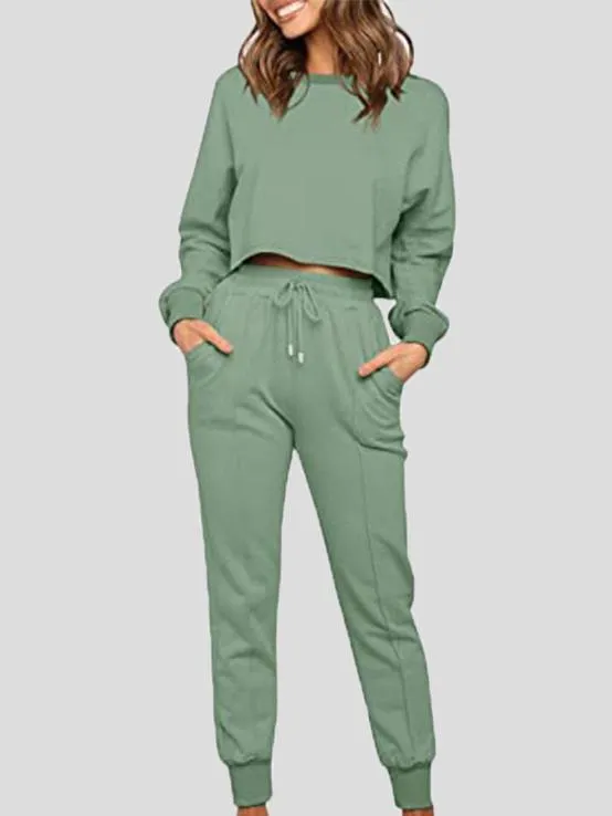 Sets Round Neck Drawstring Pocket Long Sleeve Trousers Sports Suit for Women