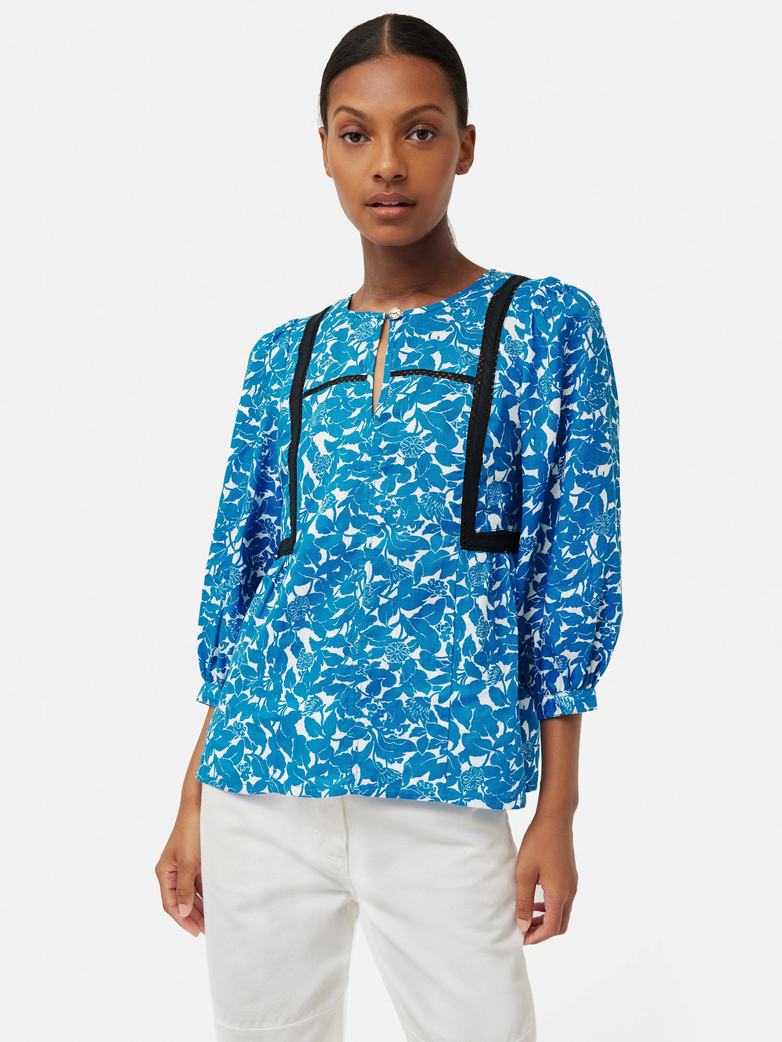 Shadow Leaf Linen Top | Blue